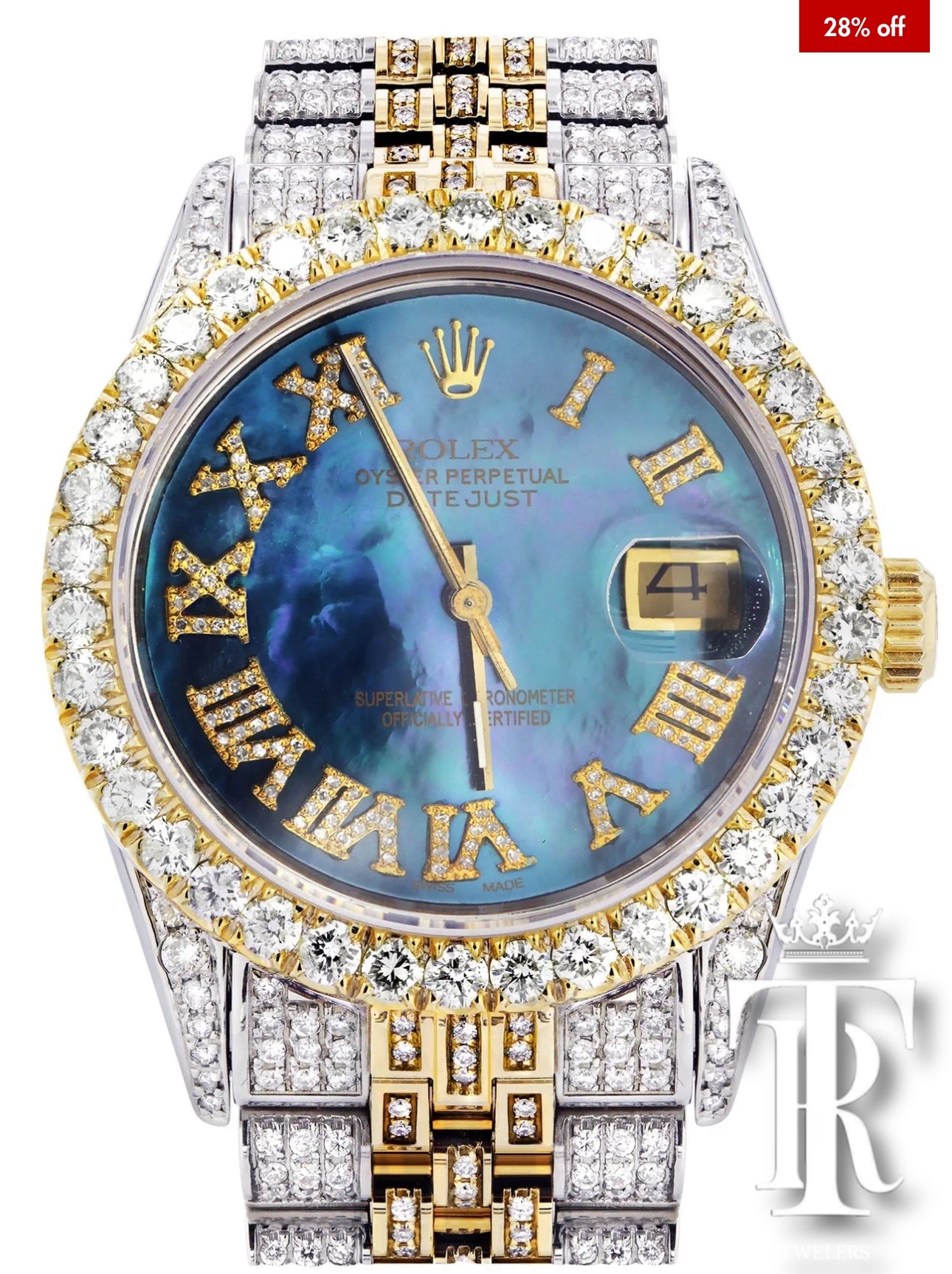 Iced Out Rolex Datejust 36 MM | Two Tone | Blue Mother of Pearl Roman Diamond Dial