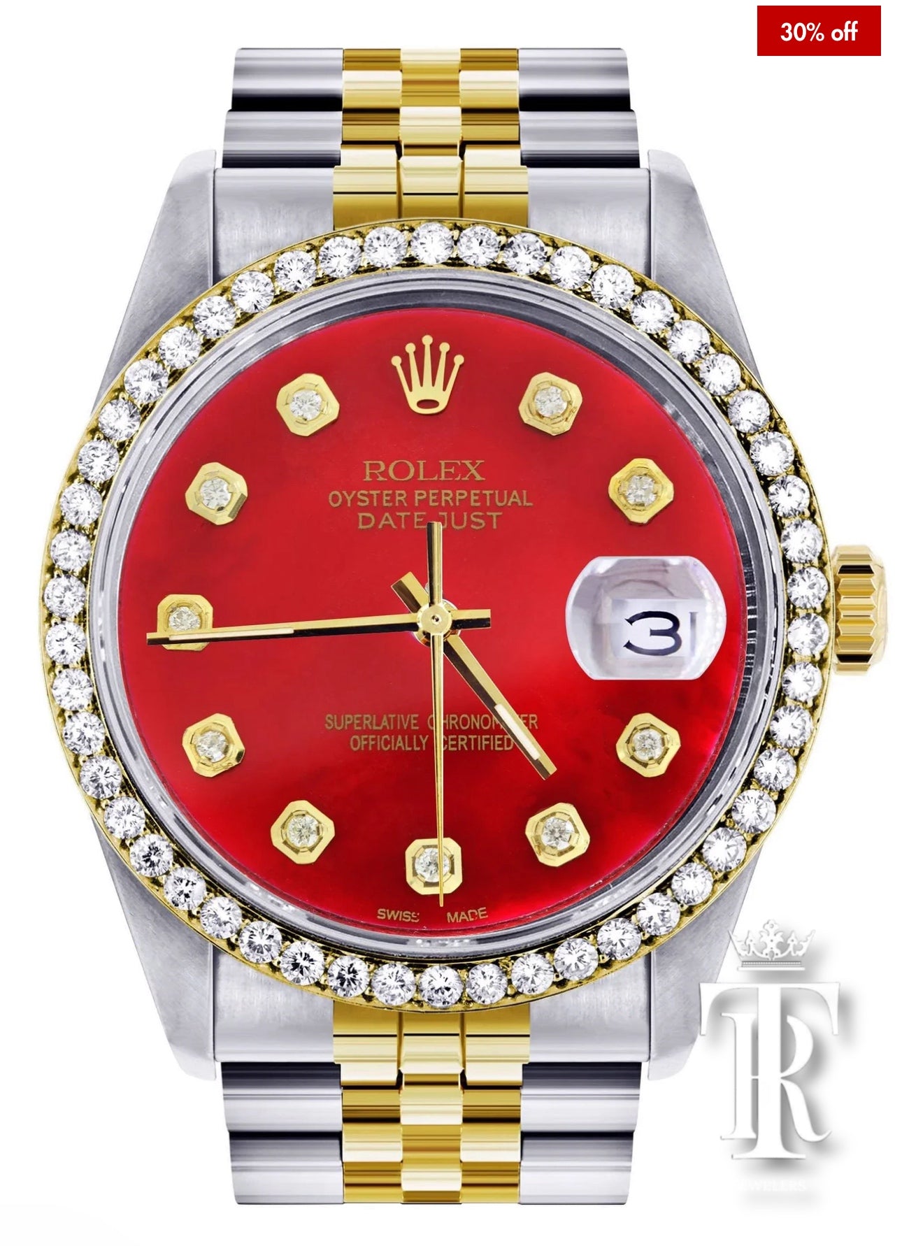 Gold & Steel Rolex Datejust Watch for Men | 36Mm | Diamond Red Mother Of Pearl Dial | Jubilee Band