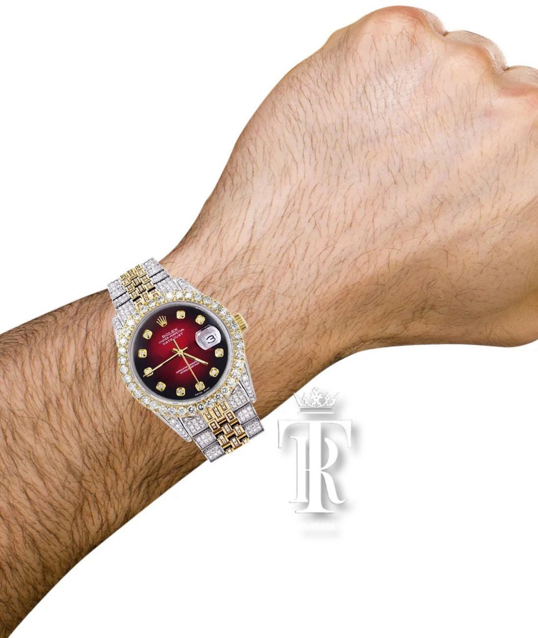 Iced Out Rolex Datejust 36 MM | Two Tone | 10 Carats of Diamonds | Red Black Diamond Dial