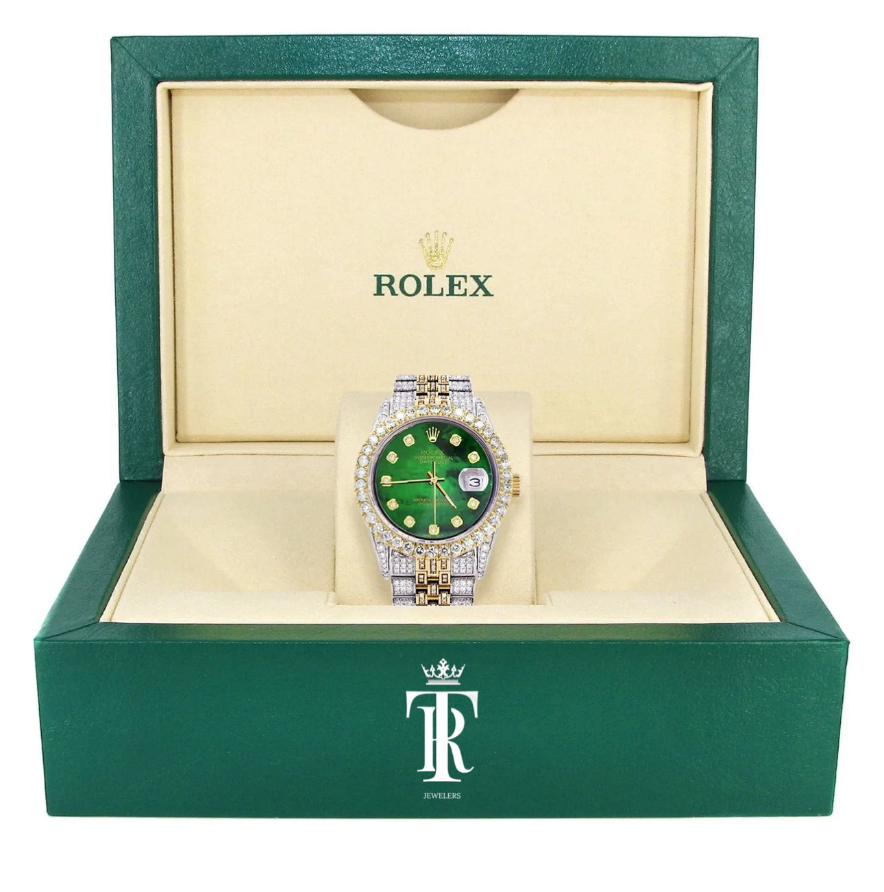 Iced Out Rolex Datejust 36 MM | Two Tone | Green Mother of Pearl Diamond Dial