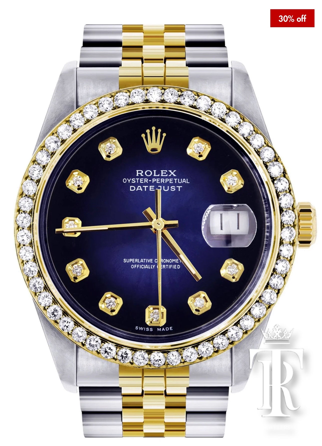 Diamond Gold Rolex Watch For Men | 36Mm | Blue Dial | Jubilee Band