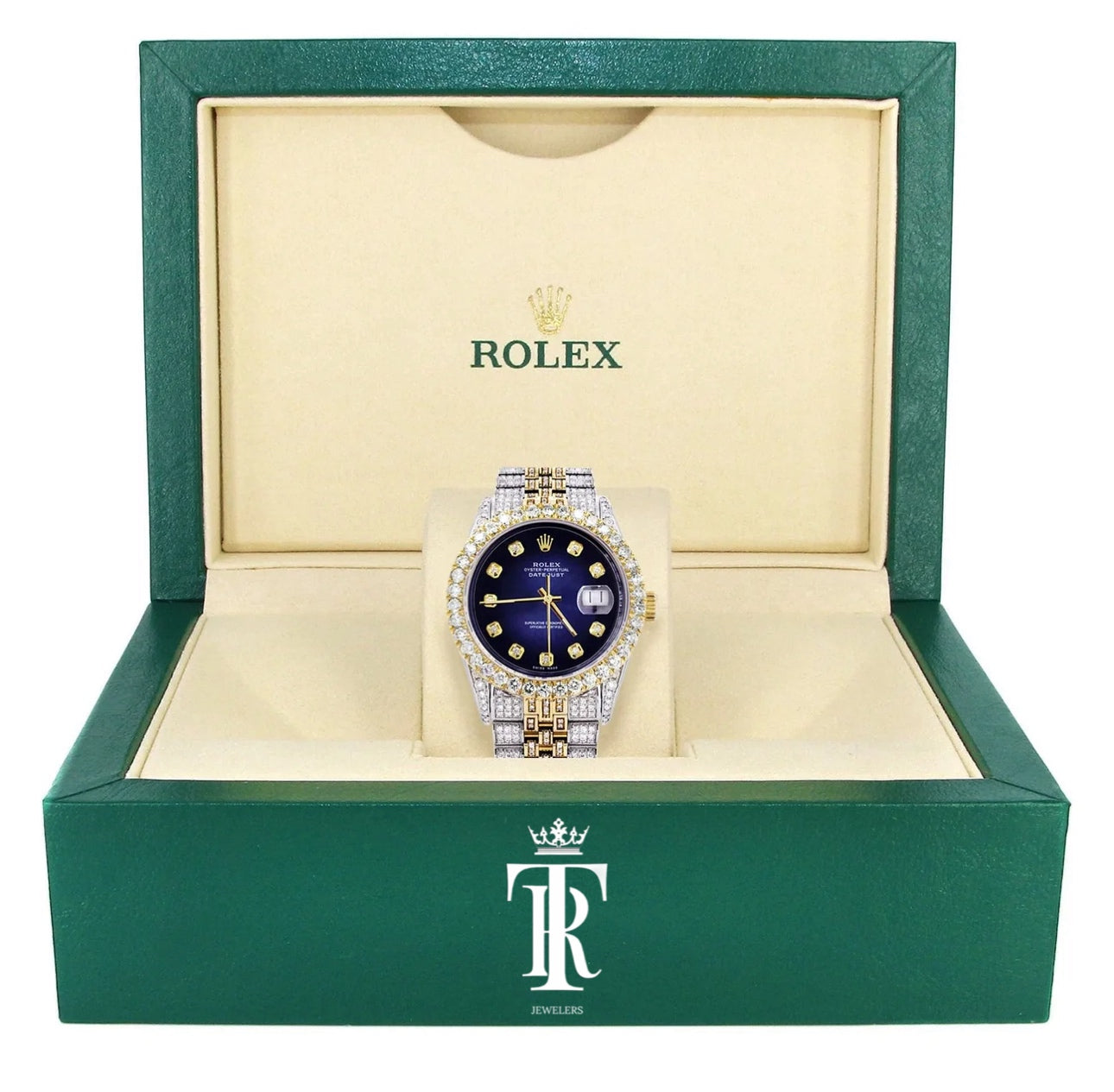 Iced Out Rolex Datejust 36 MM | Two Tone | 10 Carats of Diamonds | Blue Black Diamond Dial