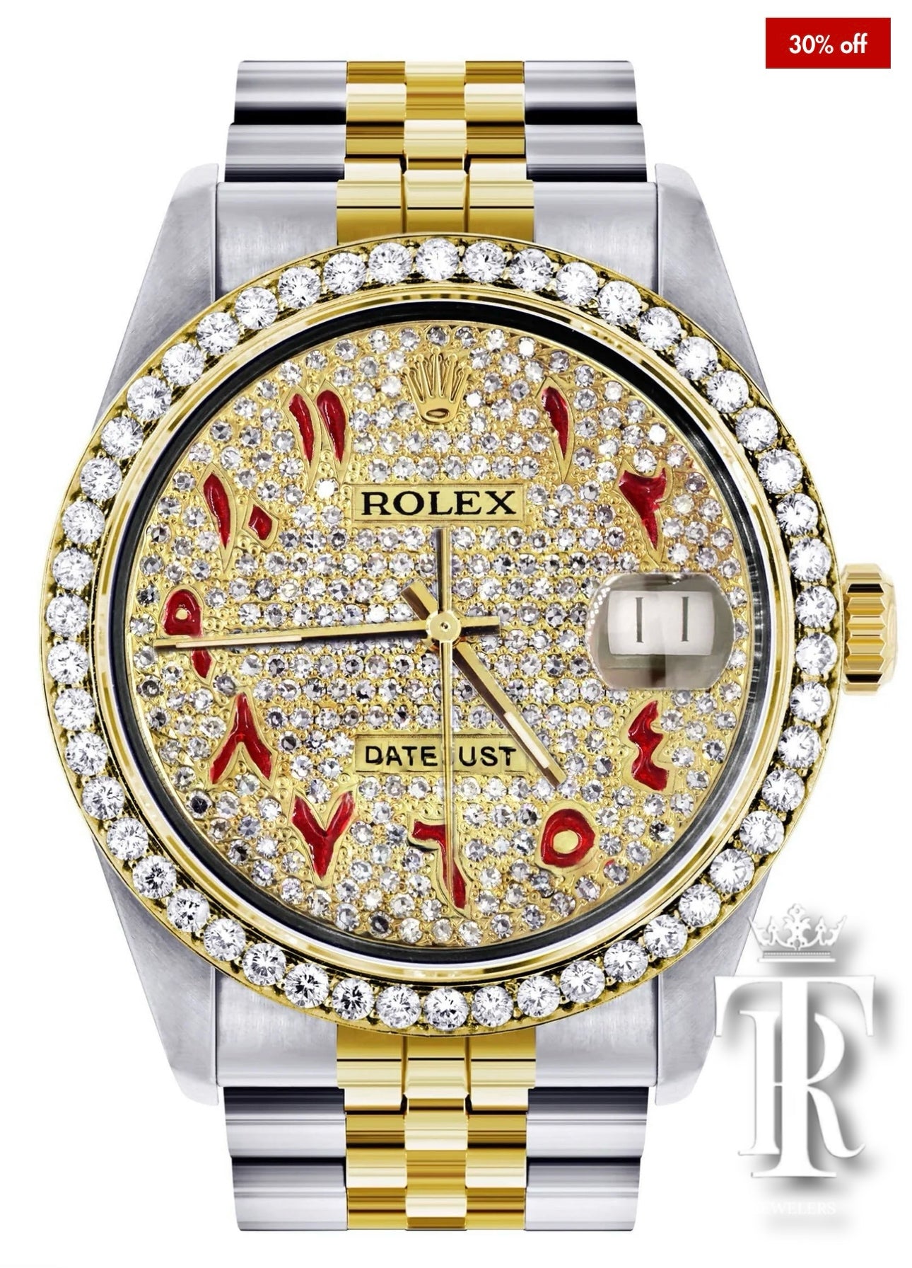 Diamond Gold Rolex Watch For Men | 36Mm | Custom Red Arabic Full Diamond Dial |