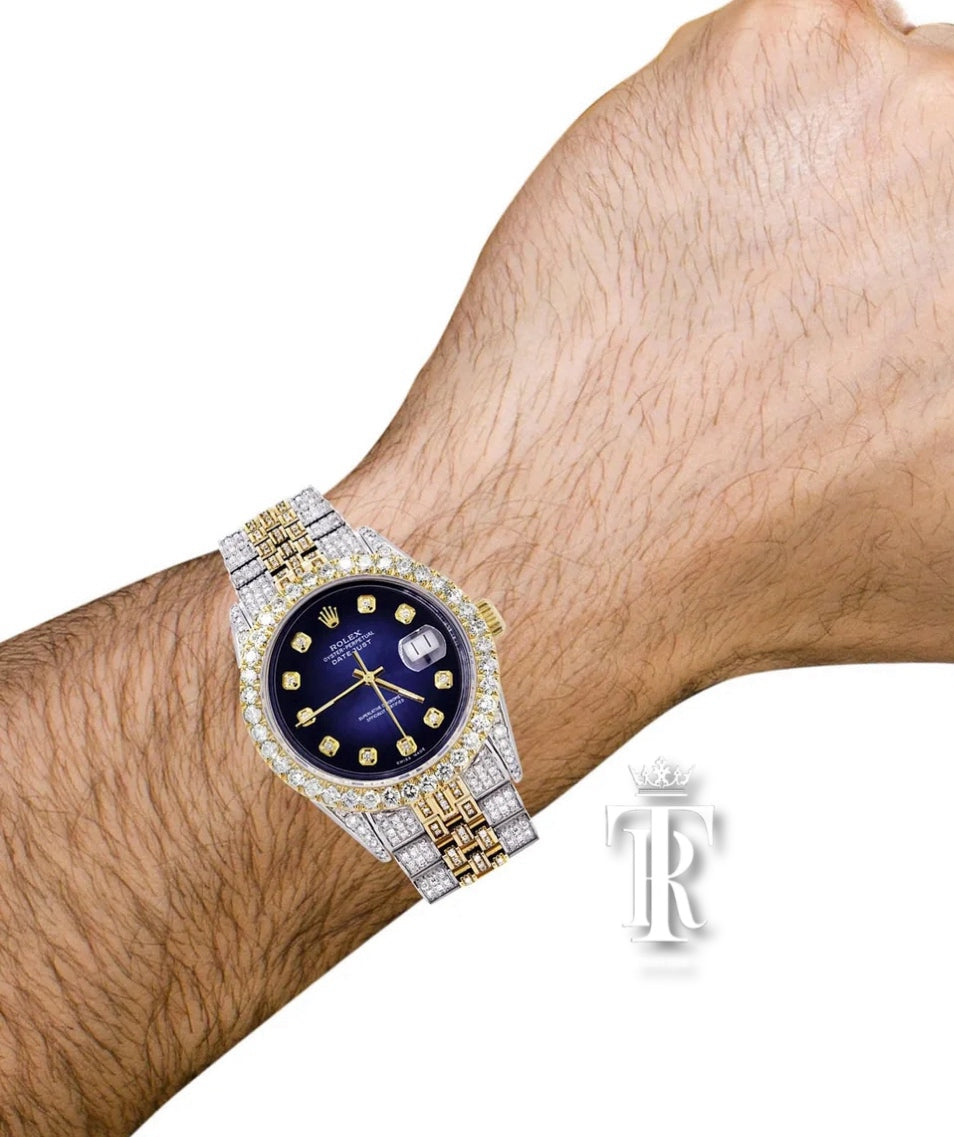 Iced Out Rolex Datejust 36 MM | Two Tone | 10 Carats of Diamonds | Blue Black Diamond Dial