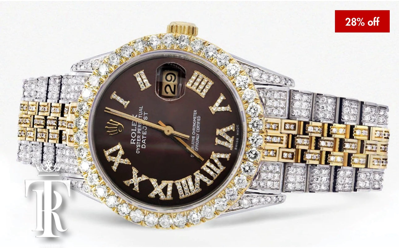 Iced Out Rolex Datejust 36 MM | Two Tone | Chocolate Roman Diamond Dial