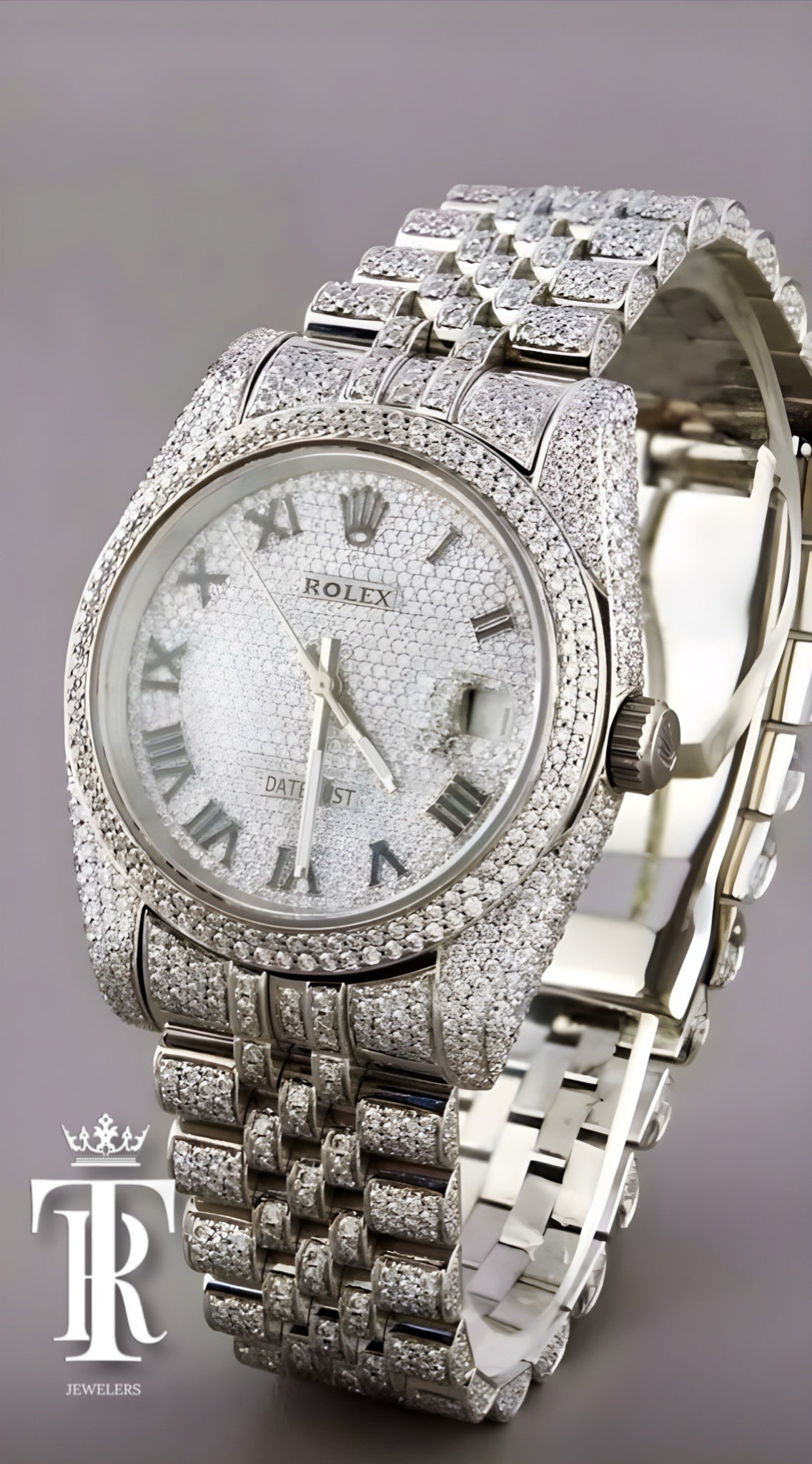 Full silver 100 % Real VVS Full Ice Out Studded Lab Diamond Watch, Steel, Date Just Oyster Bust Down Watch