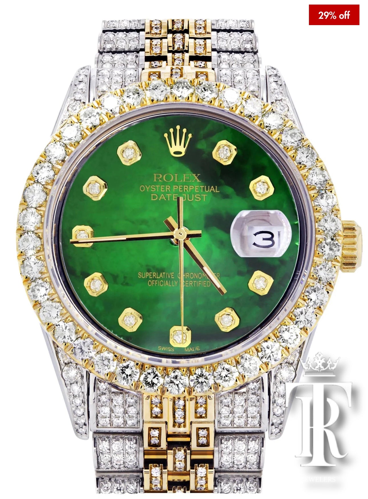 Iced Out Rolex Datejust 36 MM | Two Tone | Green Mother of Pearl Diamond Dial