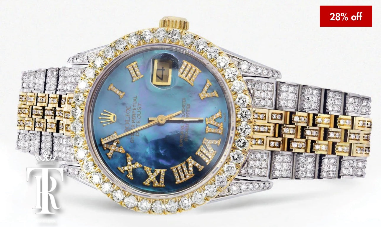 Iced Out Rolex Datejust 36 MM | Two Tone | Blue Mother of Pearl Roman Diamond Dial