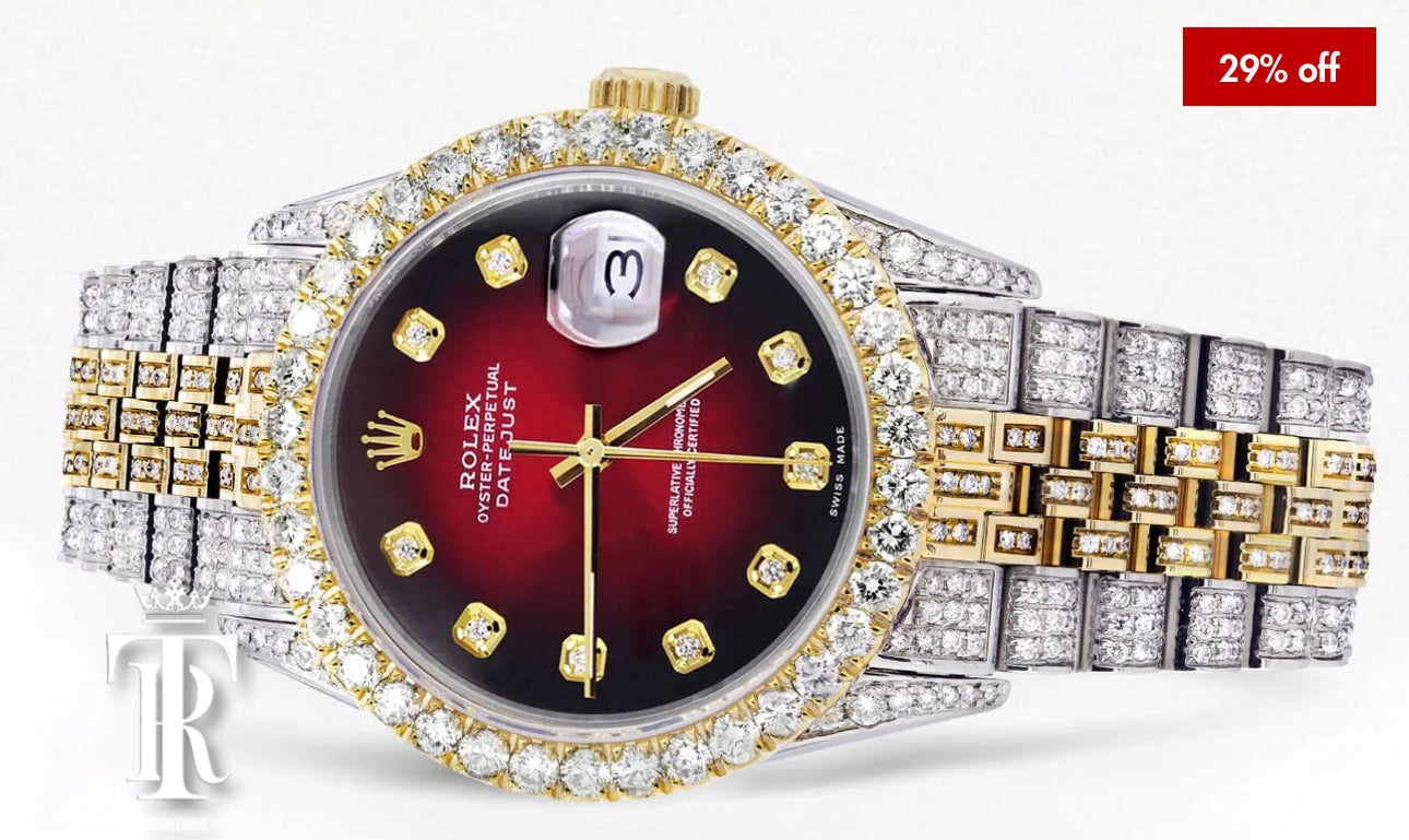 Iced Out Rolex Datejust 36 MM | Two Tone | 10 Carats of Diamonds | Red Black Diamond Dial