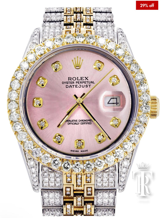 Iced Out Rolex Datejust 36 MM | Two Tone | 10 Carats of Diamonds | Pink Diamond Dial