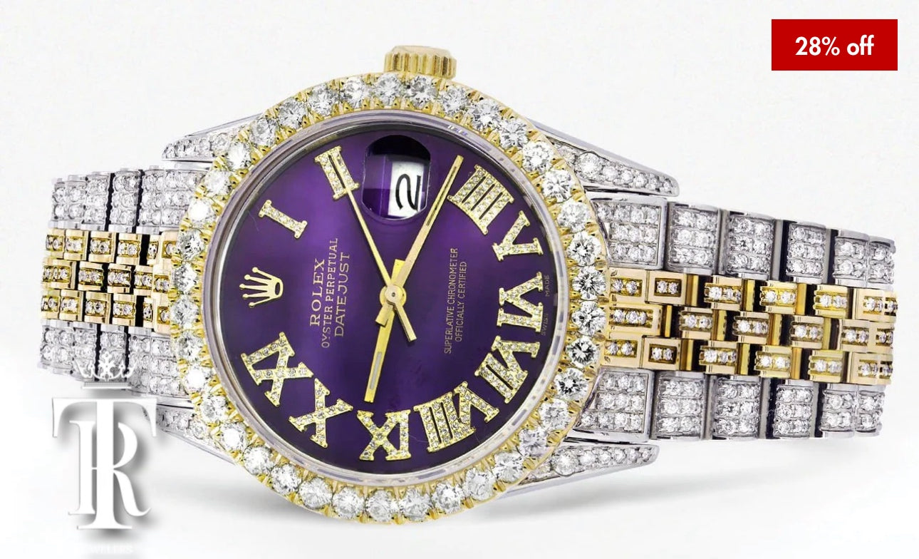 Iced Out Rolex Datejust 36 MM | Two Tone |Purple Roman Diamond Dial