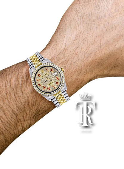 Diamond Gold Rolex Watch For Men | 36Mm | Custom Red Arabic Full Diamond Dial |