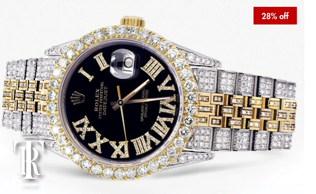 Iced Out Rolex Datejust 36 MM | Two Tone |  Black Roman Diamond Dial