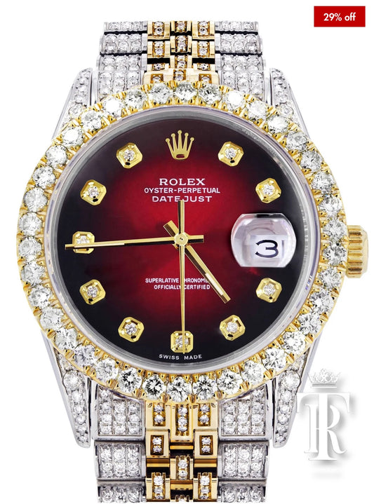 Iced Out Rolex Datejust 36 MM | Two Tone | 10 Carats of Diamonds | Red Black Diamond Dial