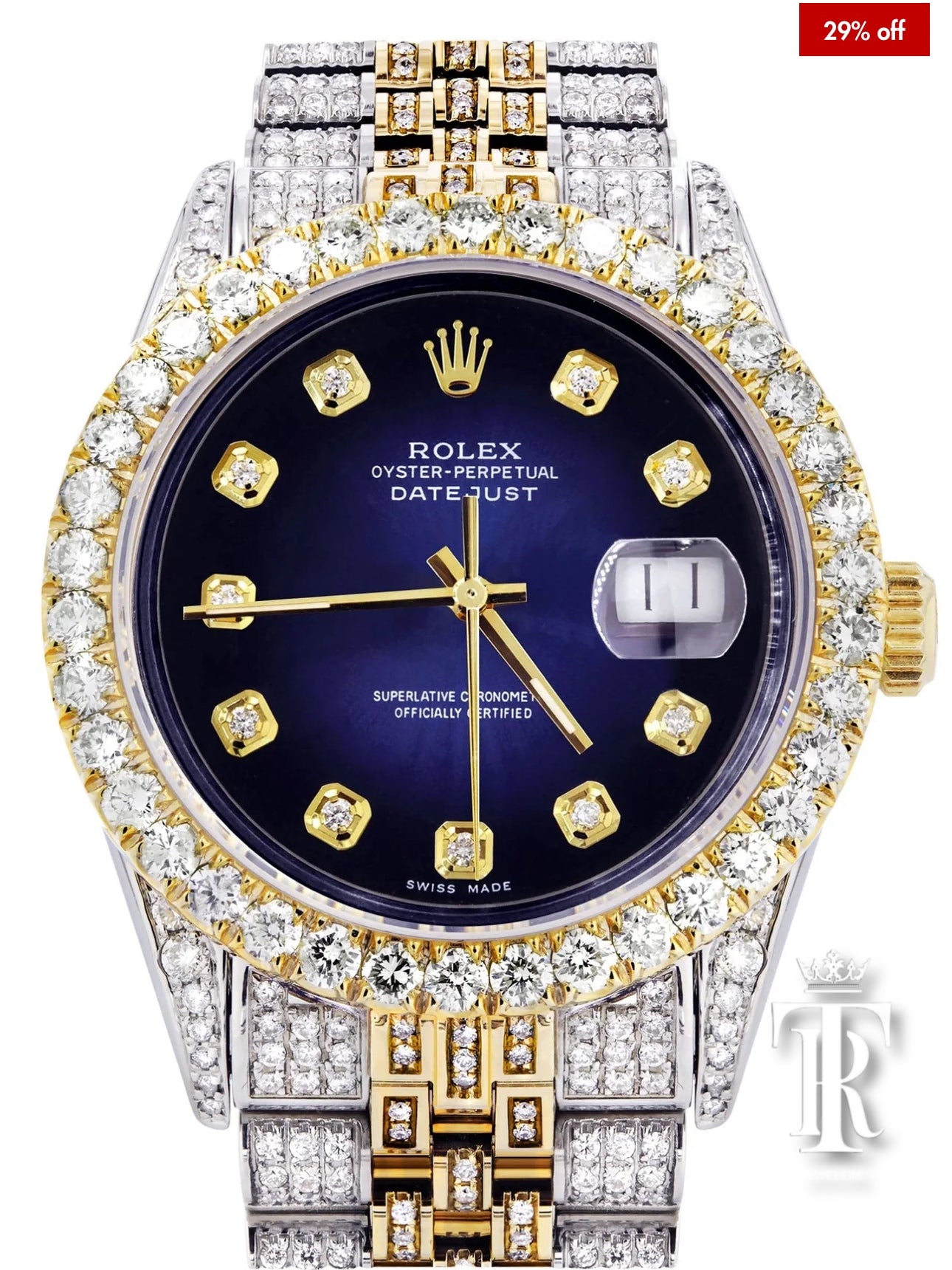 Iced Out Rolex Datejust 36 MM | Two Tone | 10 Carats of Diamonds | Blue Black Diamond Dial