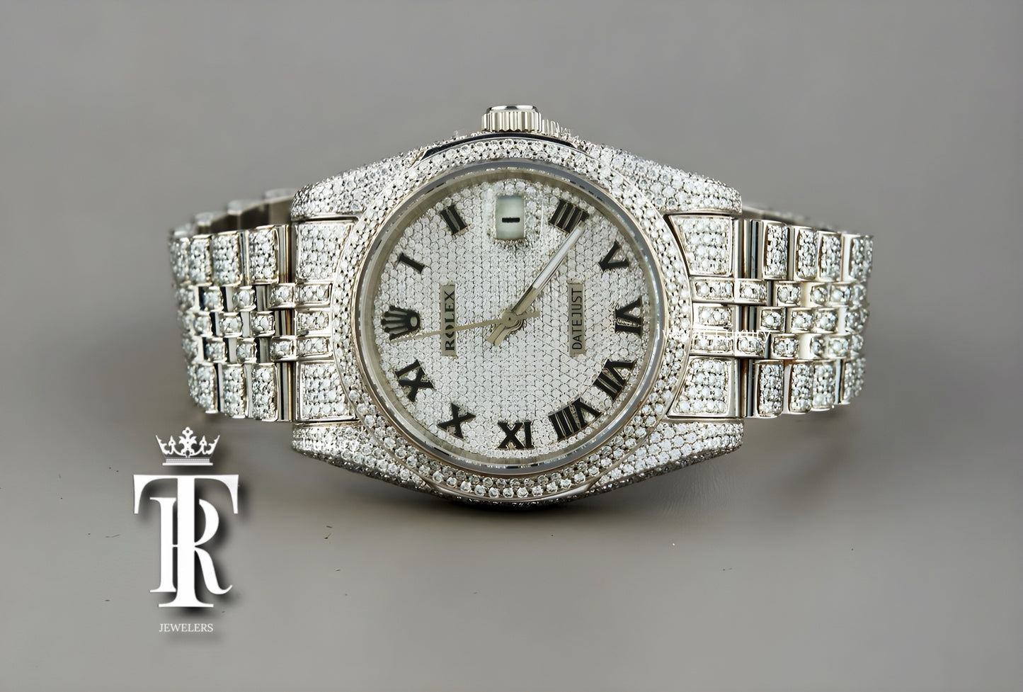 Full silver 100 % Real VVS Full Ice Out Studded Lab Diamond Watch, Steel, Date Just Oyster Bust Down Watch