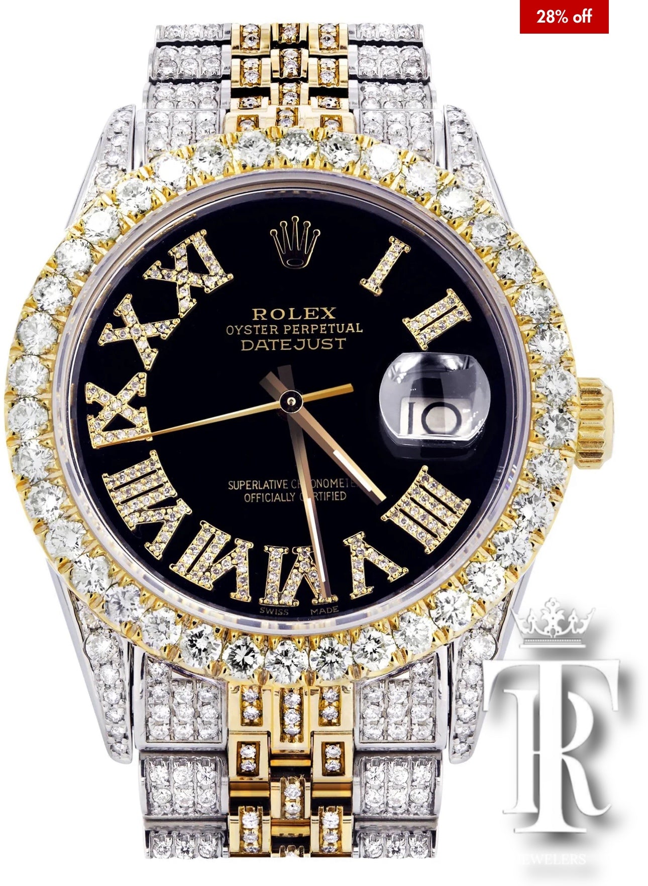 Iced Out Rolex Datejust 36 MM | Two Tone |  Black Roman Diamond Dial