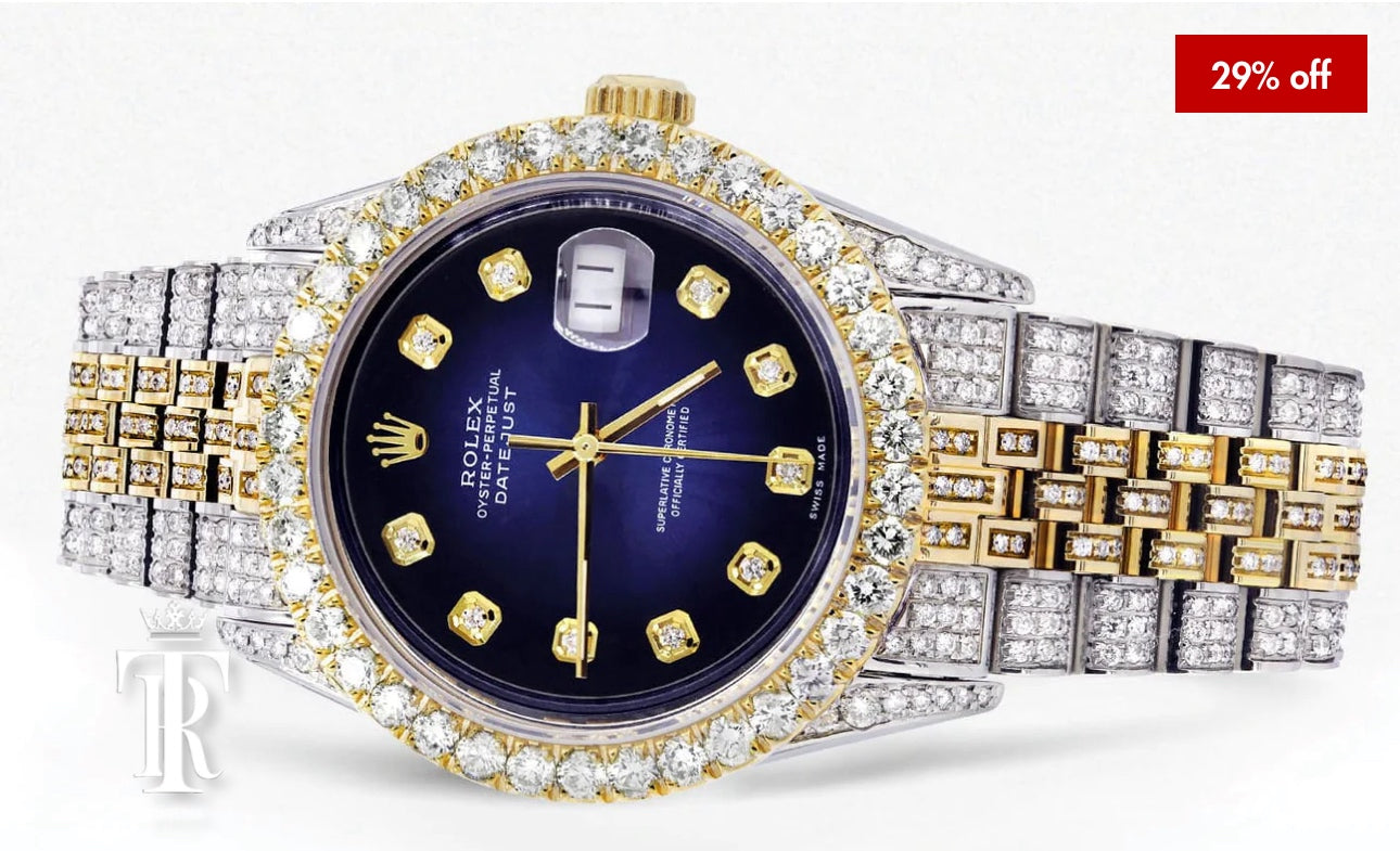 Iced Out Rolex Datejust 36 MM | Two Tone | 10 Carats of Diamonds | Blue Black Diamond Dial