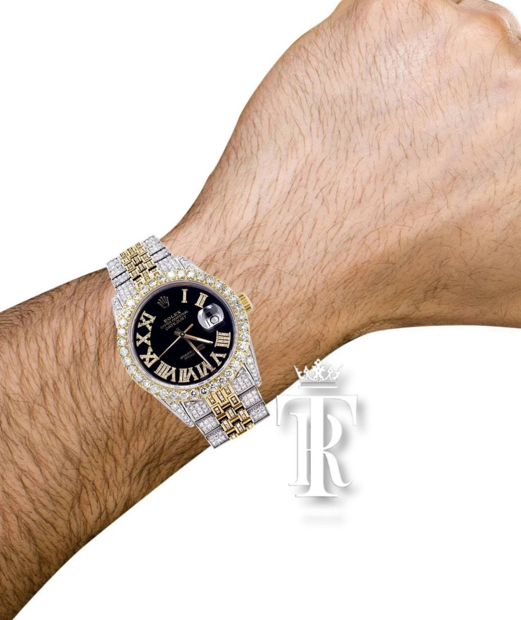 Iced Out Rolex Datejust 36 MM | Two Tone |  Black Roman Diamond Dial