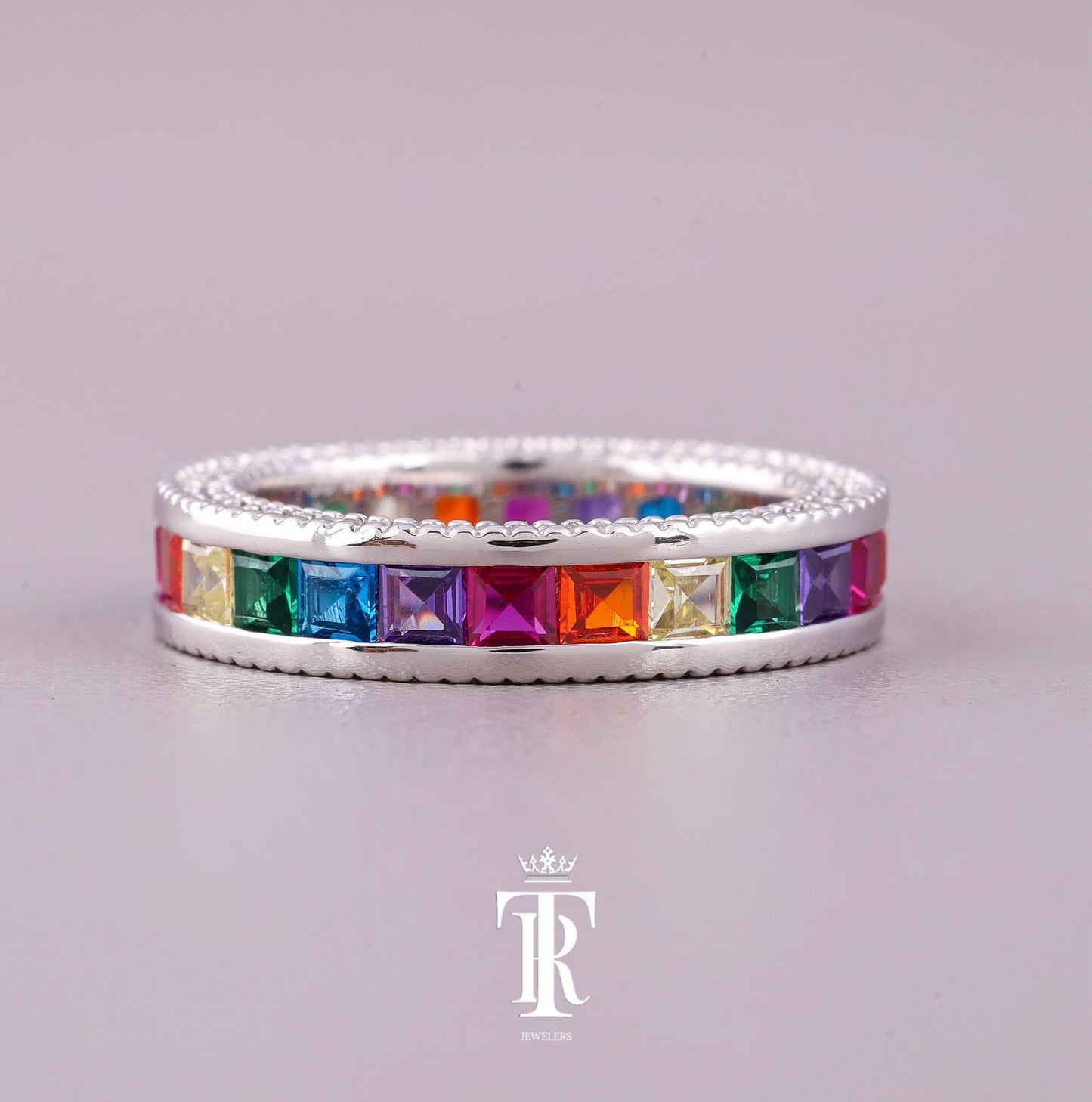 Rainbow Sapphire Princess Cut Channel Set Ring