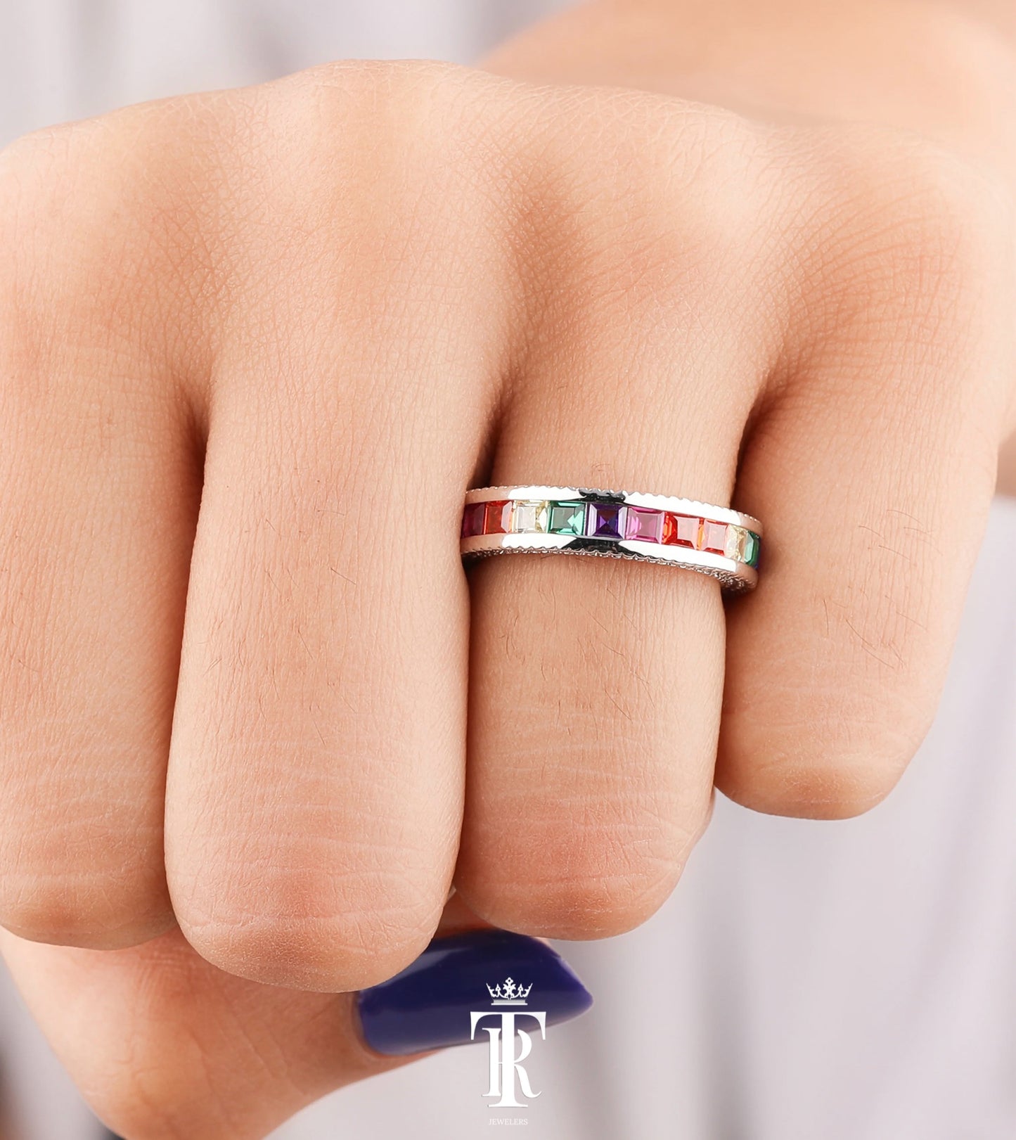 Rainbow Sapphire Princess Cut Channel Set Ring