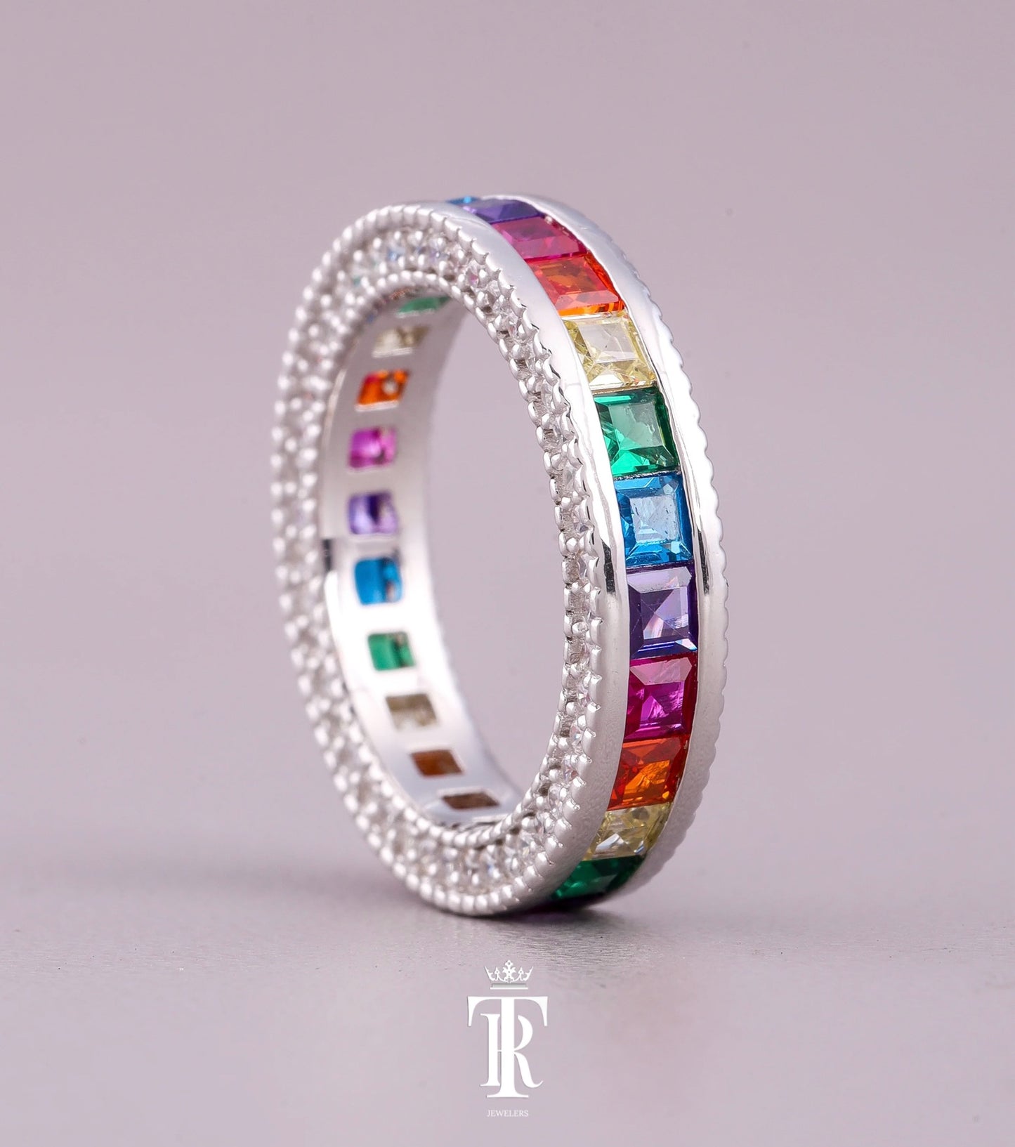 Rainbow Sapphire Princess Cut Channel Set Ring