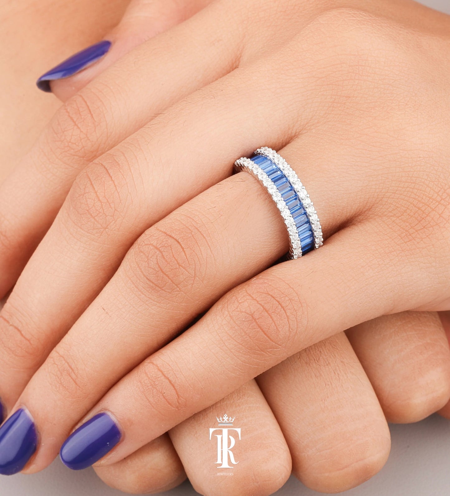 Blue Sapphire Baguette and Diamond Ring