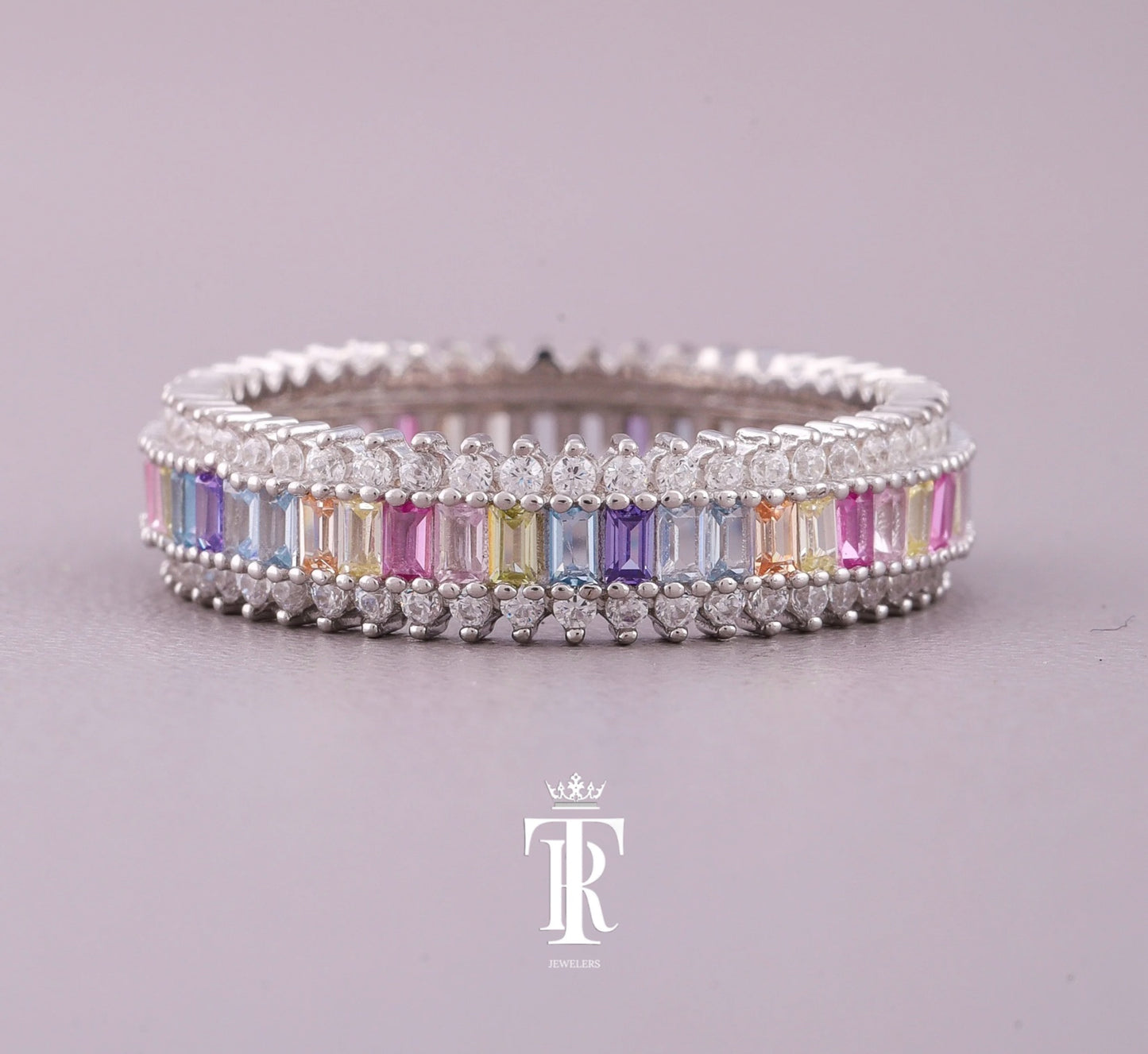 Rainbow Sapphire Vertical Baguette Ring with Round VVS Diamonds