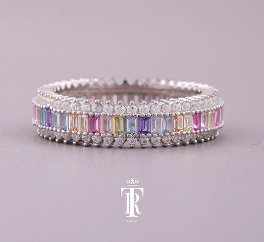 Rainbow Sapphire Vertical Baguette Ring with Round VVS Diamonds