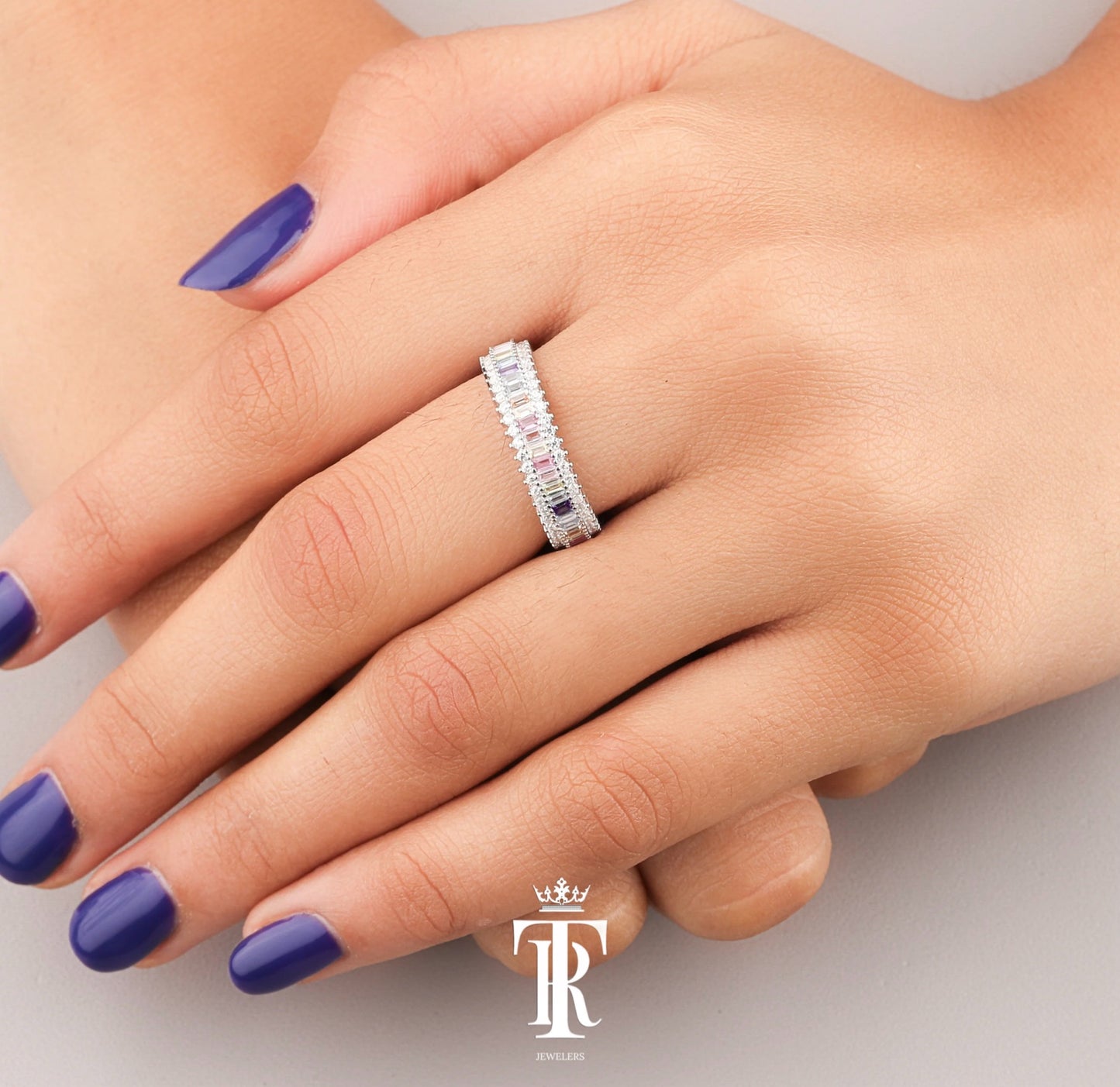 Rainbow Sapphire Vertical Baguette Ring with Round VVS Diamonds