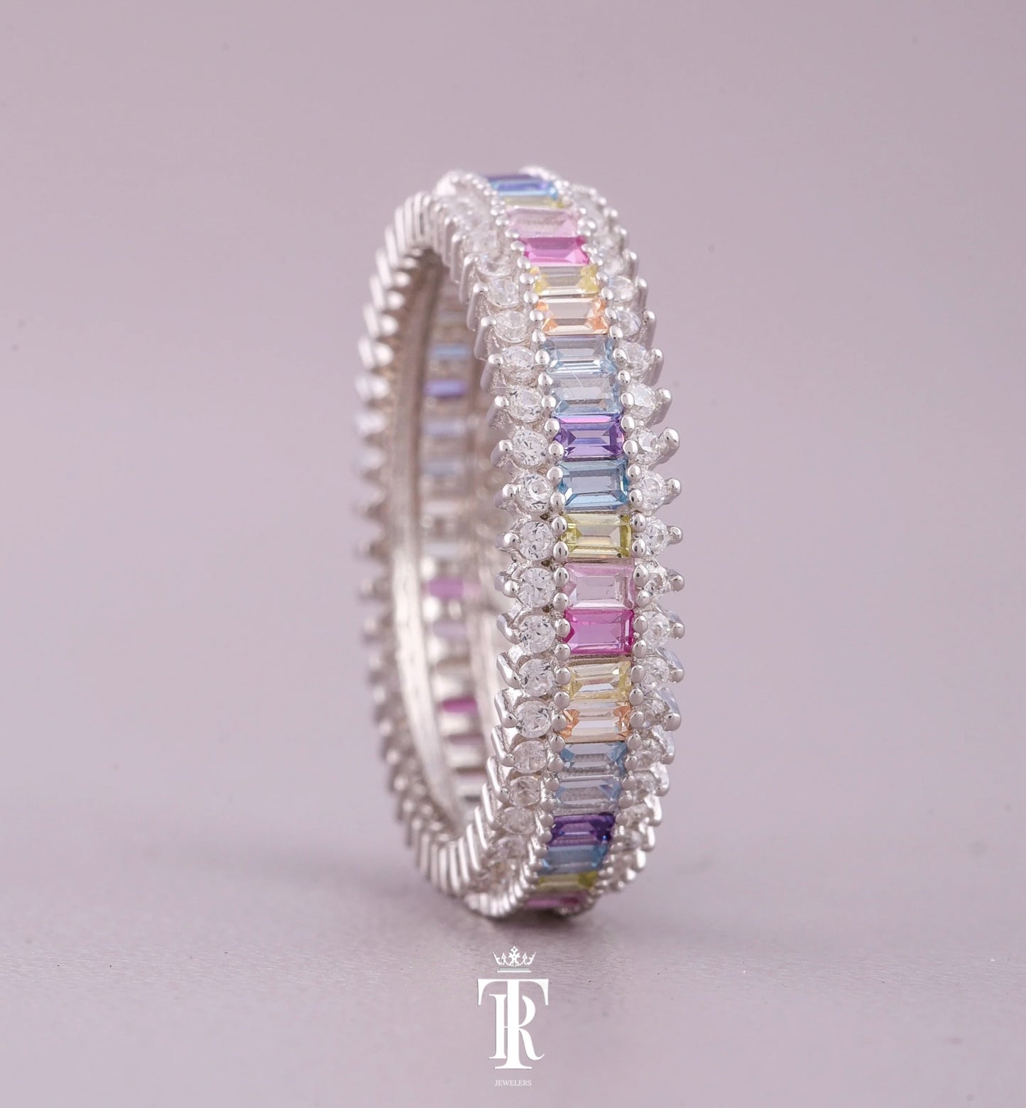 Rainbow Sapphire Vertical Baguette Ring with Round VVS Diamonds