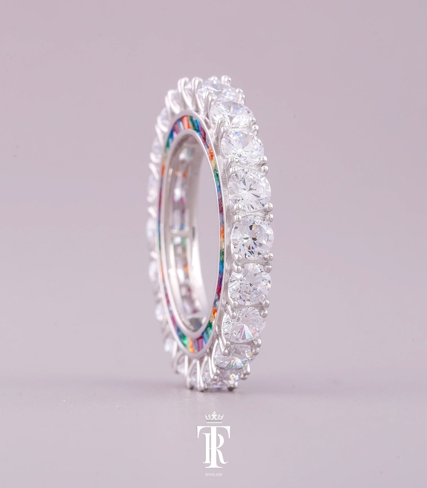 Natural VVS Diamond Ring Band With Rainbow Sapphire Custom Baguette Diamond