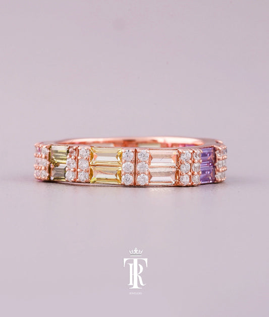 Light Rainbow Sapphire Baguette VVS Diamond Ring