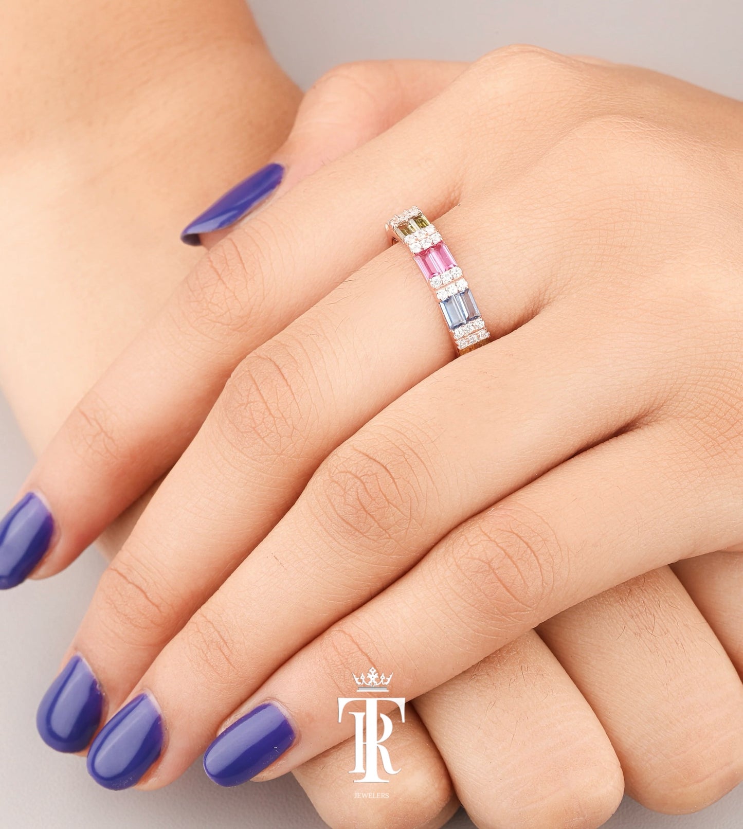 Light Rainbow Sapphire Baguette VVS Diamond Ring