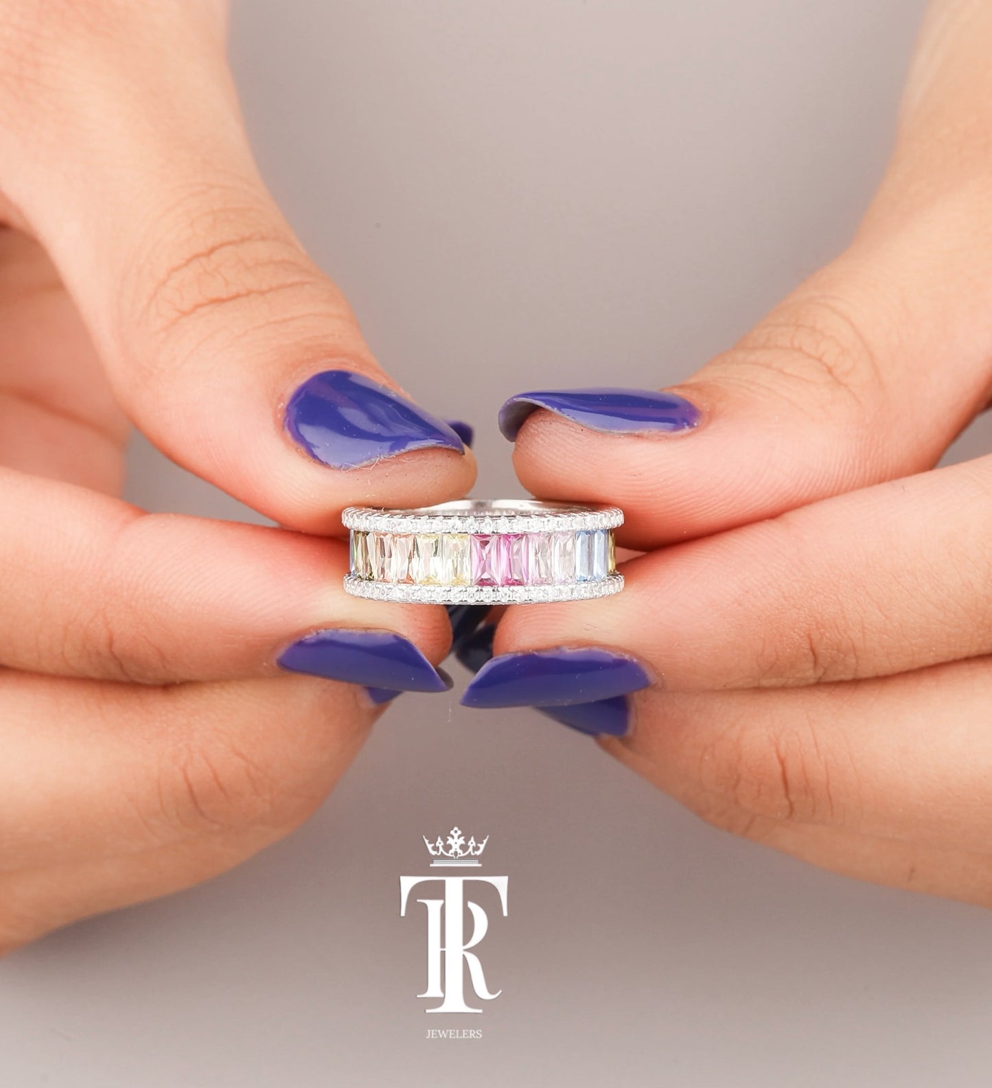 Sapphire Vertical Baguette Ring With Round Cut Diamonds