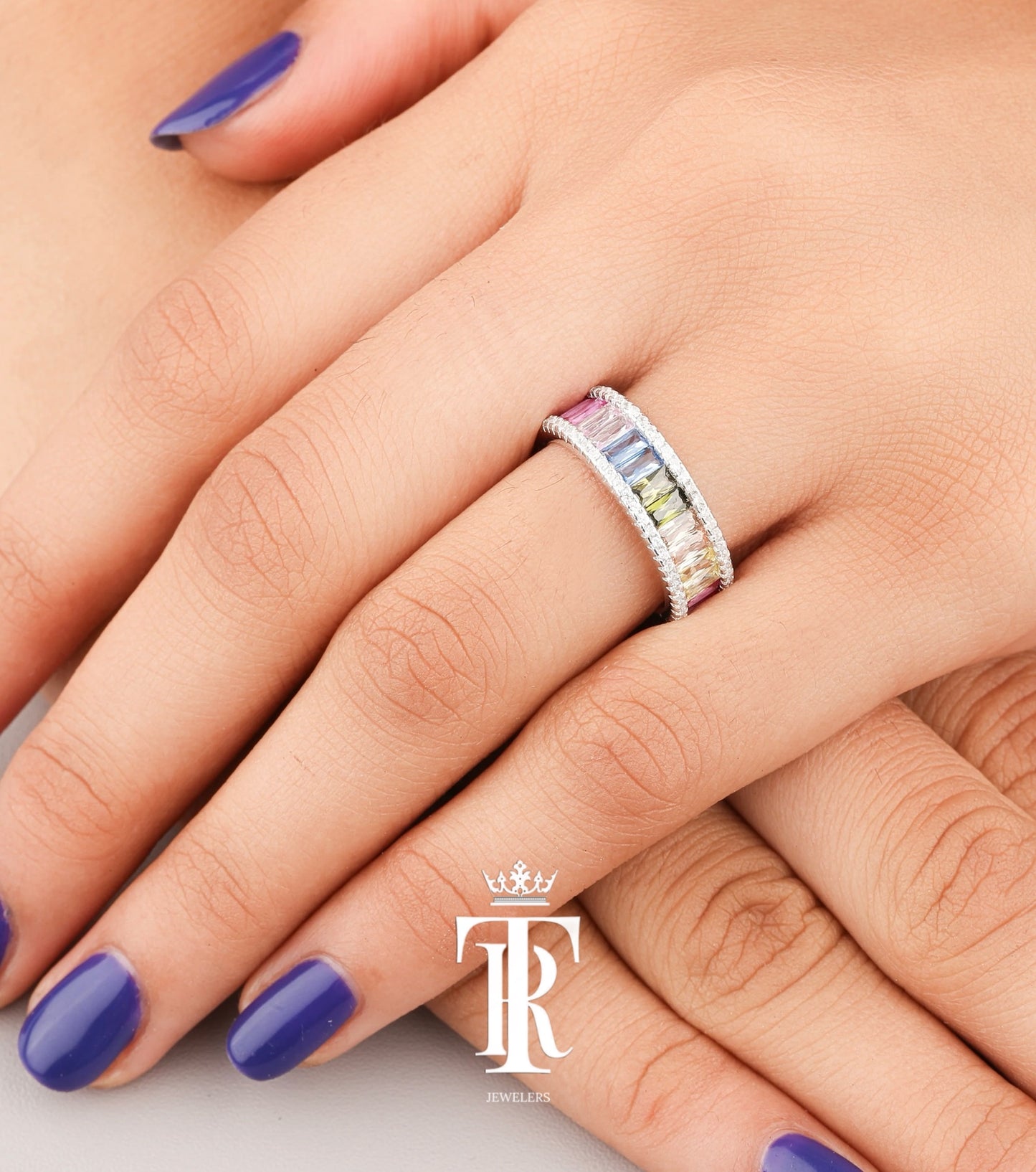 Sapphire Vertical Baguette Ring With Round Cut Diamonds