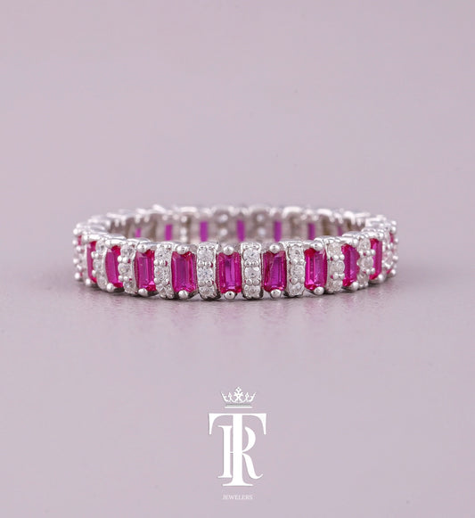 Pink Baguette & Round Three Stone Diamond Ring