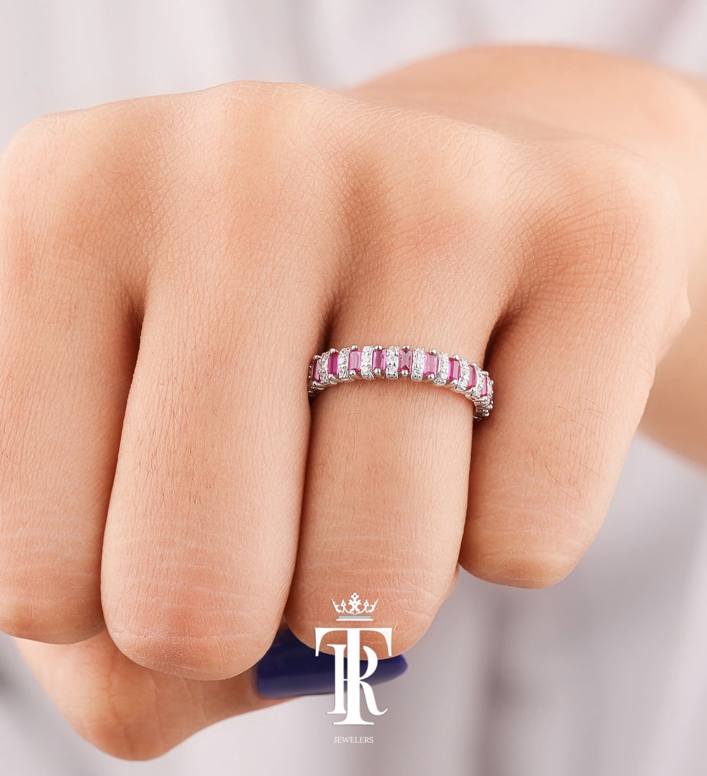 Pink Baguette & Round Three Stone Diamond Ring