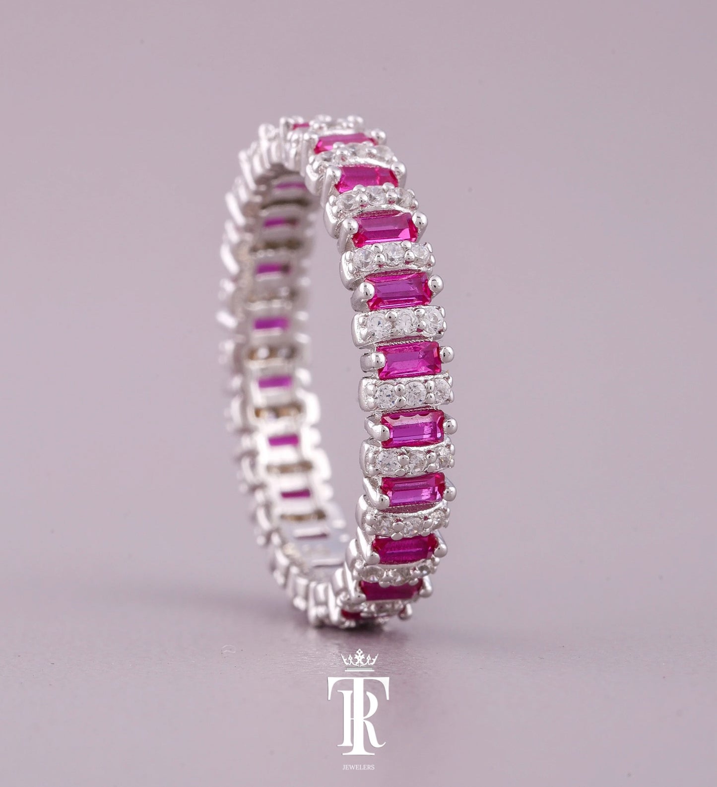 Pink Baguette & Round Three Stone Diamond Ring