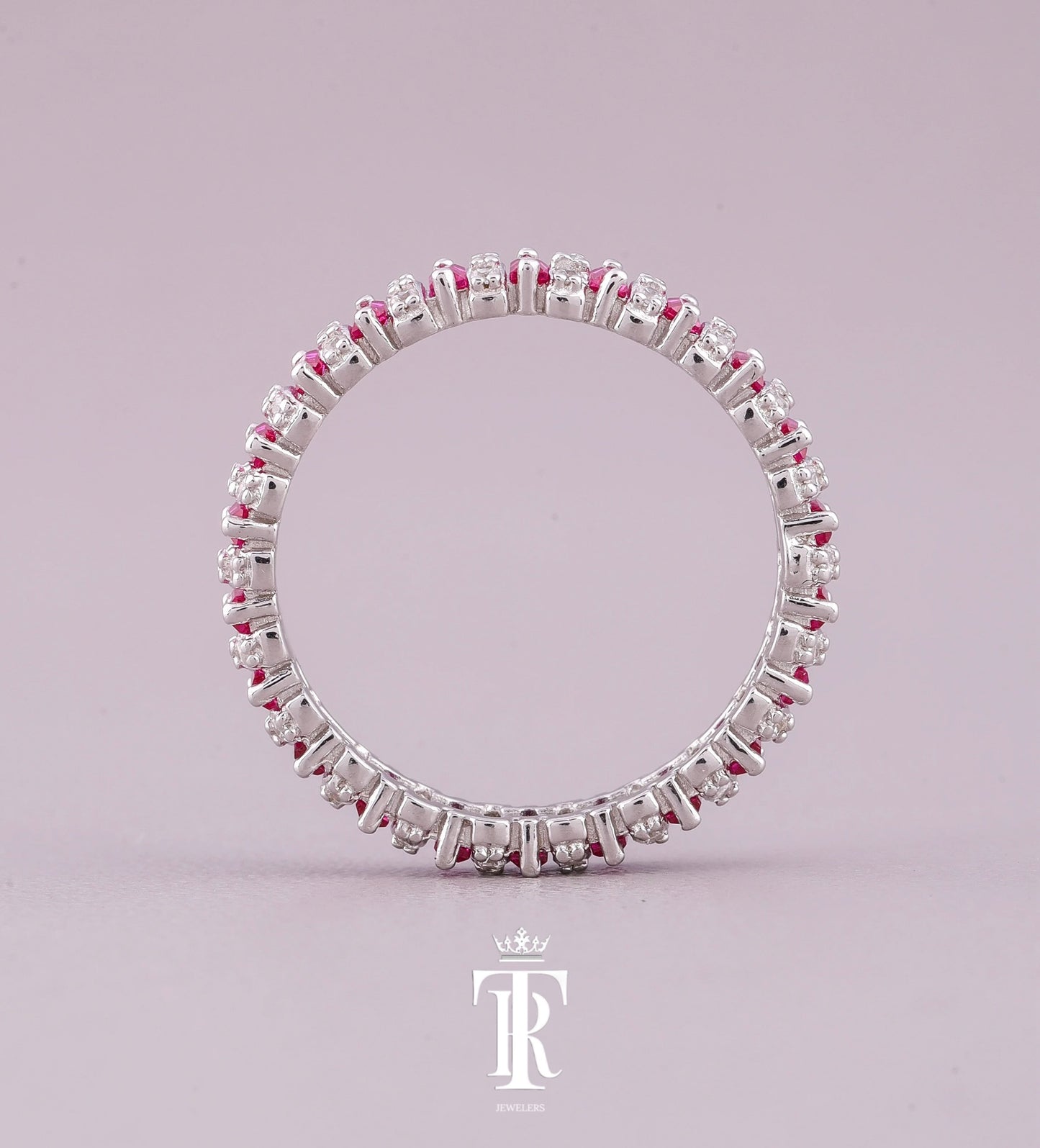 Pink Baguette & Round Three Stone Diamond Ring