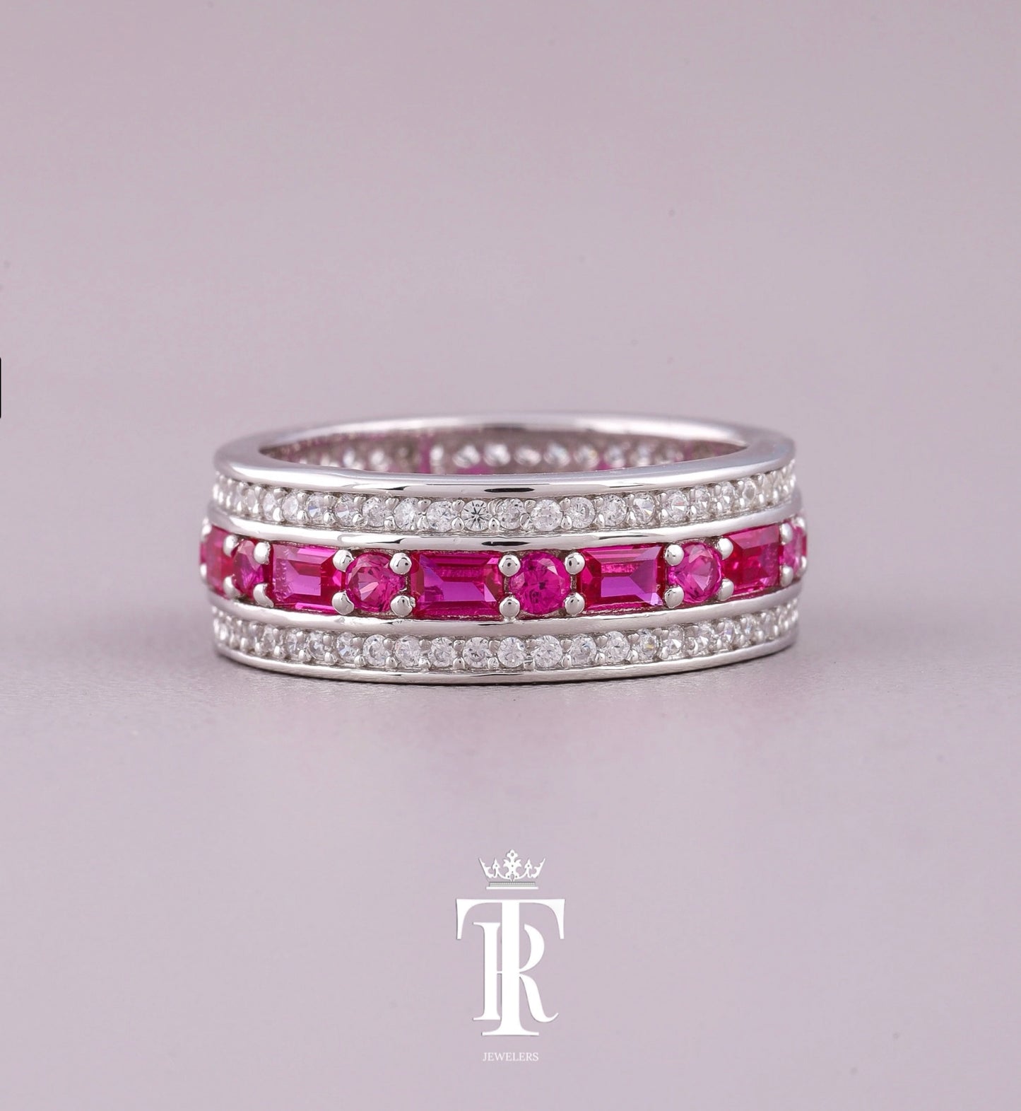 Pink Sapphire Baguette & Round Cut Eternity Band Ring With Diamond