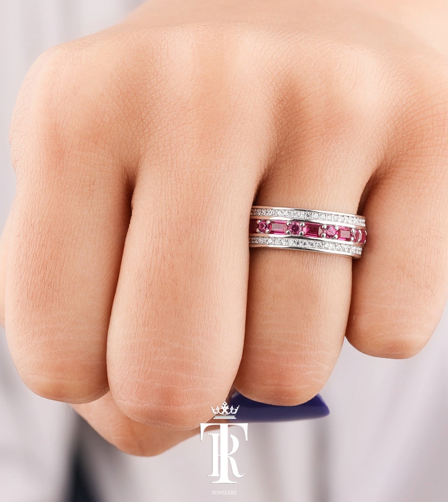 Pink Sapphire Baguette & Round Cut Eternity Band Ring With Diamond