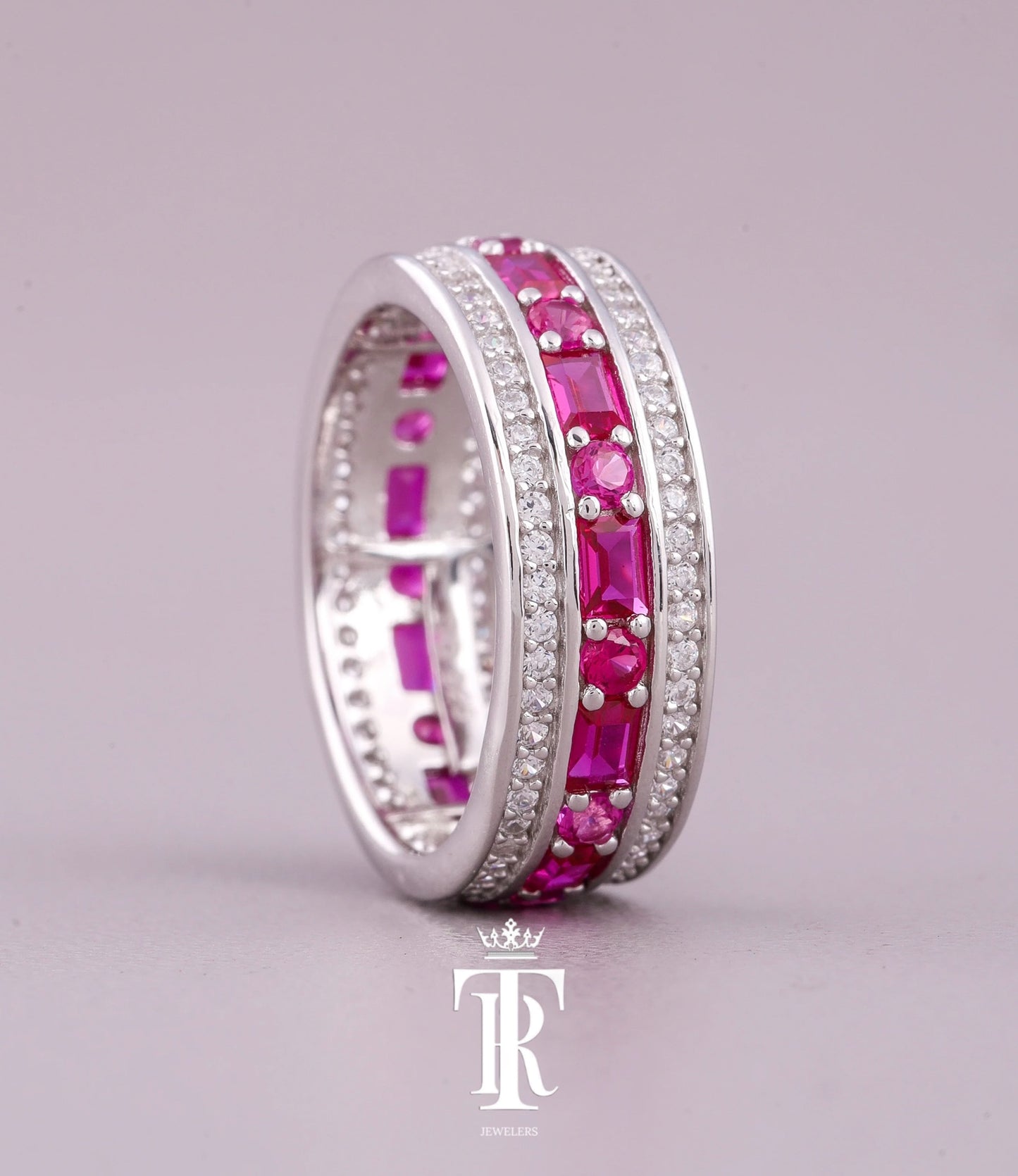 Pink Sapphire Baguette & Round Cut Eternity Band Ring With Diamond