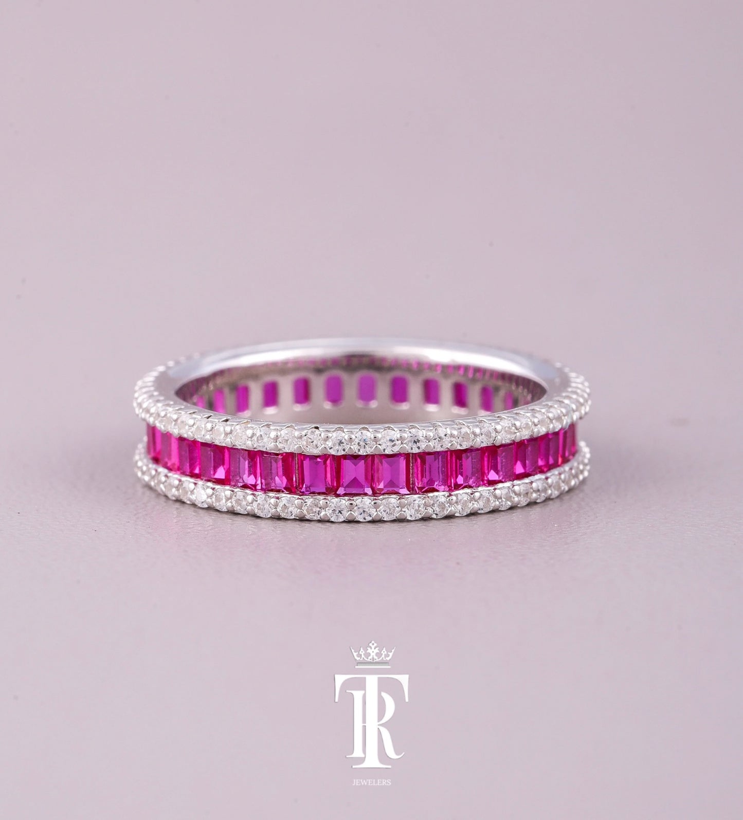 Pink Sapphire Emerald Cut Eternity Band Ring