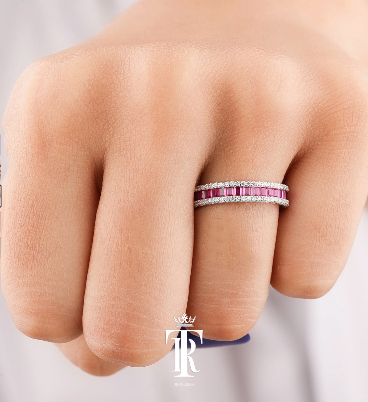 Pink Sapphire Emerald Cut Eternity Band Ring