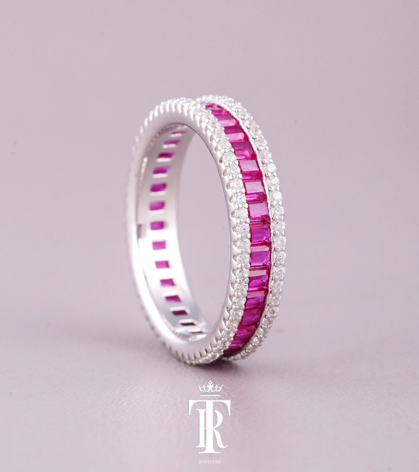 Pink Sapphire Emerald Cut Eternity Band Ring