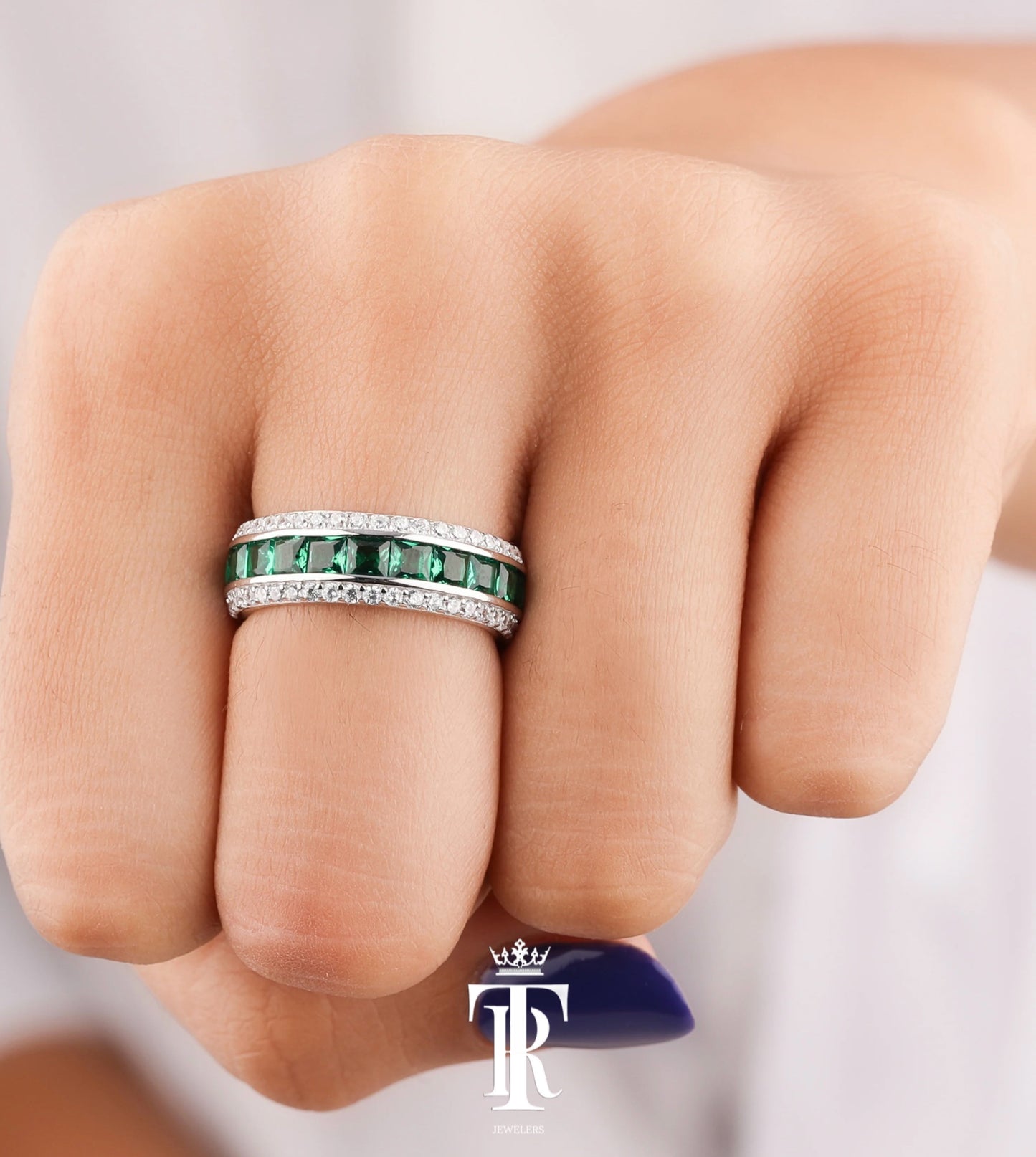 Natural Green Sapphire Eternity Band RIng