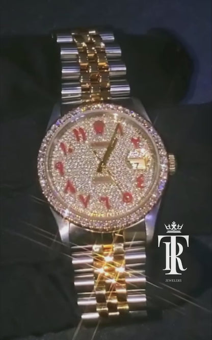 Diamond Gold Rolex Watch For Men | 36Mm | Custom Red Arabic Full Diamond Dial |